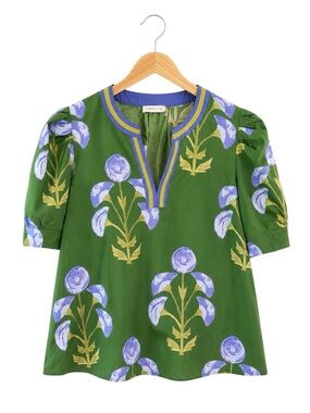 Womens Green Floral Puff Sleeve Tunic Blouse Top 1X Boho Cottagecore Folk V Neck
